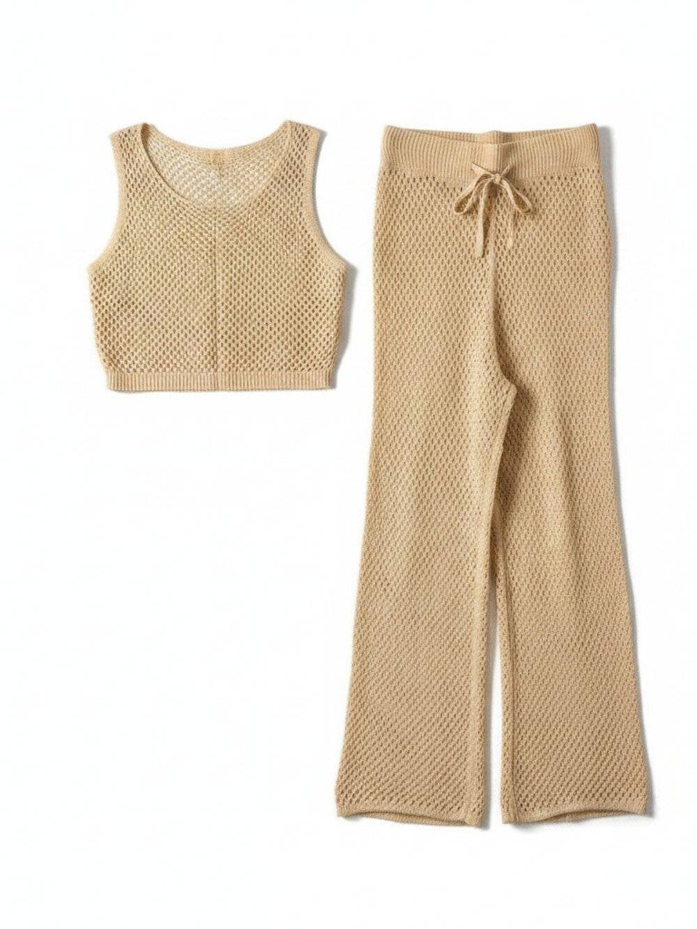 Apricot Crochet Knit Swim Coverup Set - Sleeveless Crop Top & Pants